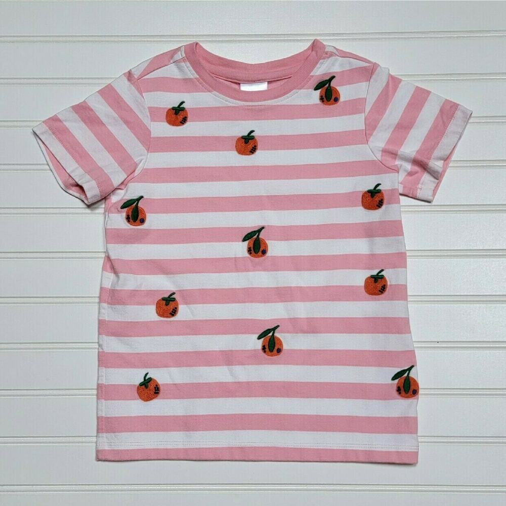 Hanna Andersson Girls Striped Embroidered Oranges/Peaches T-Shirt Size 6-7 Pink
